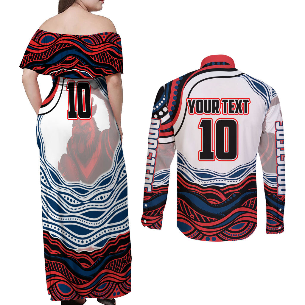 Personalized Sydney Roosters Couples Matching Off Shoulder Maxi Dress and Long Sleeve Button Shirt Aboriginal Dot Art - Dreamtime Rugby Mascot