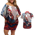 Personalized Sydney Roosters Couples Matching Off Shoulder Short Dress and Hawaiian Shirt Aboriginal Dot Art - Dreamtime Rugby Mascot