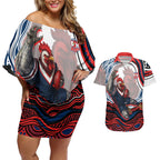 Personalized Sydney Roosters Couples Matching Off Shoulder Short Dress and Hawaiian Shirt Aboriginal Dot Art - Dreamtime Rugby Mascot