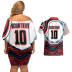Personalized Sydney Roosters Couples Matching Off Shoulder Short Dress and Hawaiian Shirt Aboriginal Dot Art - Dreamtime Rugby Mascot