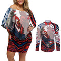 Personalized Sydney Roosters Couples Matching Off Shoulder Short Dress and Long Sleeve Button Shirt Aboriginal Dot Art - Dreamtime Rugby Mascot