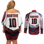 Personalized Sydney Roosters Couples Matching Off Shoulder Short Dress and Long Sleeve Button Shirt Aboriginal Dot Art - Dreamtime Rugby Mascot