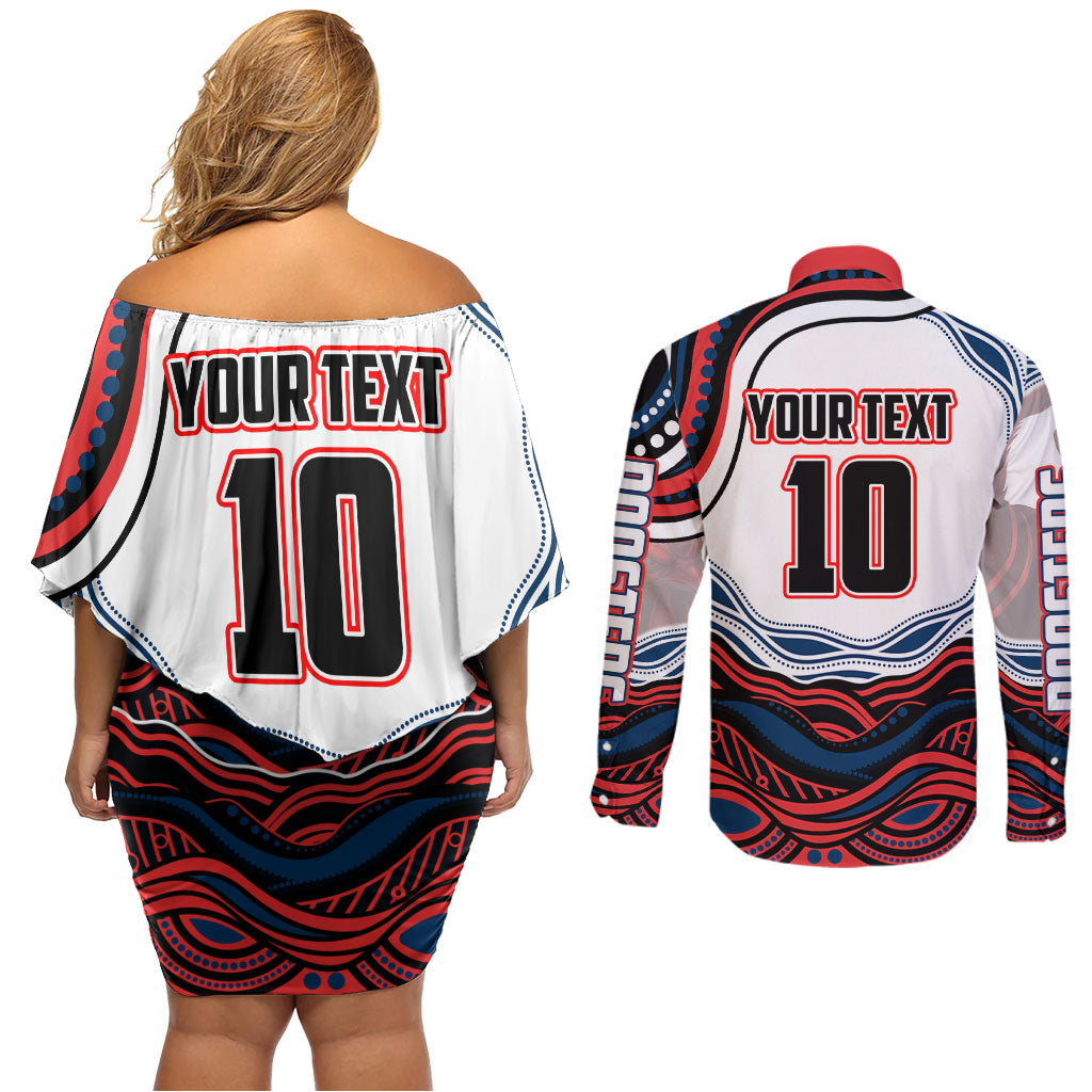 Personalized Sydney Roosters Couples Matching Off Shoulder Short Dress and Long Sleeve Button Shirt Aboriginal Dot Art - Dreamtime Rugby Mascot