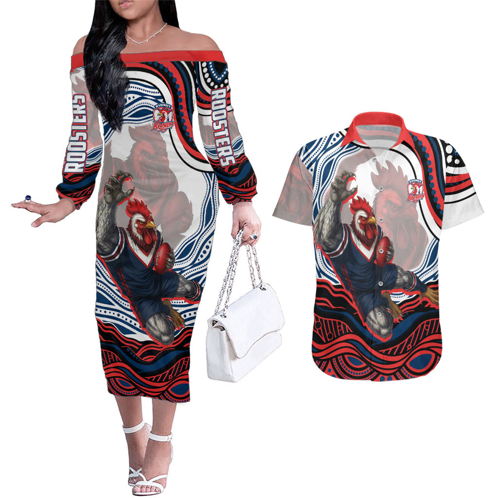 Personalized Sydney Roosters Couples Matching Off The Shoulder Long Sleeve Dress and Hawaiian Shirt Aboriginal Dot Art - Dreamtime Rugby Mascot
