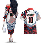 Personalized Sydney Roosters Couples Matching Off The Shoulder Long Sleeve Dress and Hawaiian Shirt Aboriginal Dot Art - Dreamtime Rugby Mascot