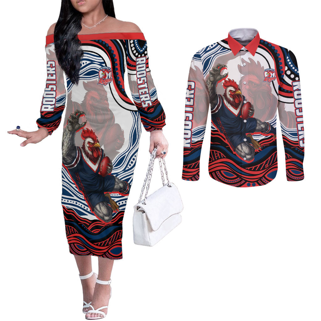 Personalized Sydney Roosters Couples Matching Off The Shoulder Long Sleeve Dress and Long Sleeve Button Shirt Aboriginal Dot Art - Dreamtime Rugby Mascot