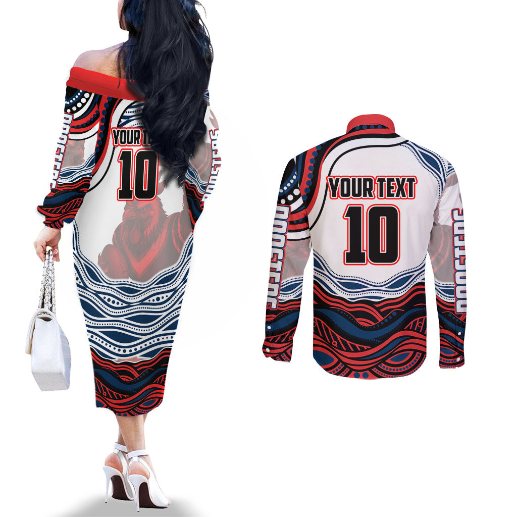 Personalized Sydney Roosters Couples Matching Off The Shoulder Long Sleeve Dress and Long Sleeve Button Shirt Aboriginal Dot Art - Dreamtime Rugby Mascot