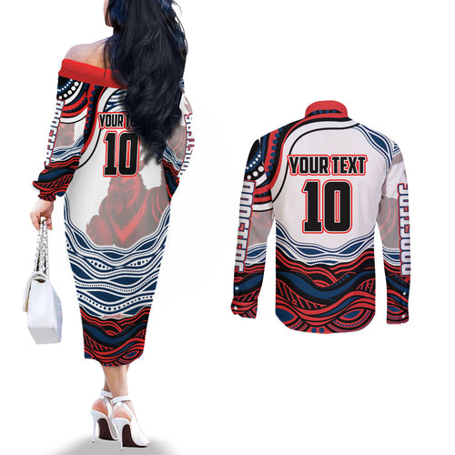 Personalized Sydney Roosters Couples Matching Off The Shoulder Long Sleeve Dress and Long Sleeve Button Shirt Aboriginal Dot Art - Dreamtime Rugby Mascot
