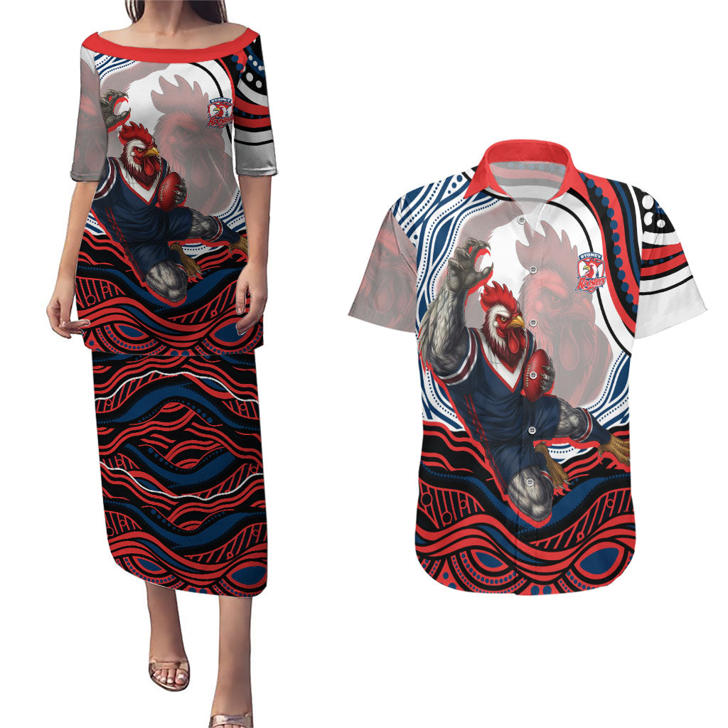 Personalized Sydney Roosters Couples Matching Puletasi and Hawaiian Shirt Aboriginal Dot Art - Dreamtime Rugby Mascot