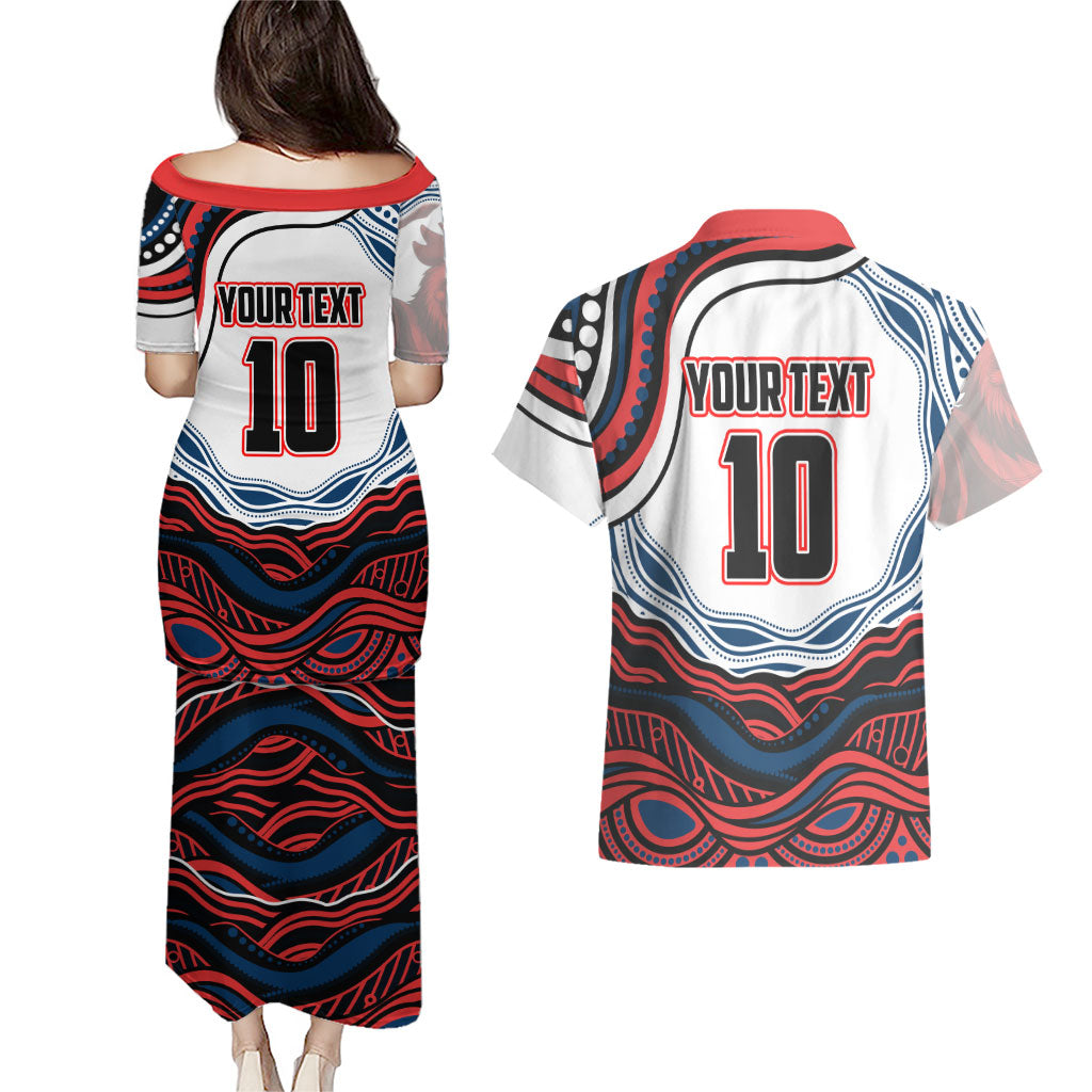 Personalized Sydney Roosters Couples Matching Puletasi and Hawaiian Shirt Aboriginal Dot Art - Dreamtime Rugby Mascot