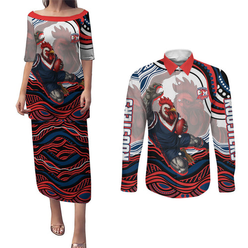 Personalized Sydney Roosters Couples Matching Puletasi and Long Sleeve Button Shirt Aboriginal Dot Art - Dreamtime Rugby Mascot