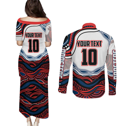 Personalized Sydney Roosters Couples Matching Puletasi and Long Sleeve Button Shirt Aboriginal Dot Art - Dreamtime Rugby Mascot