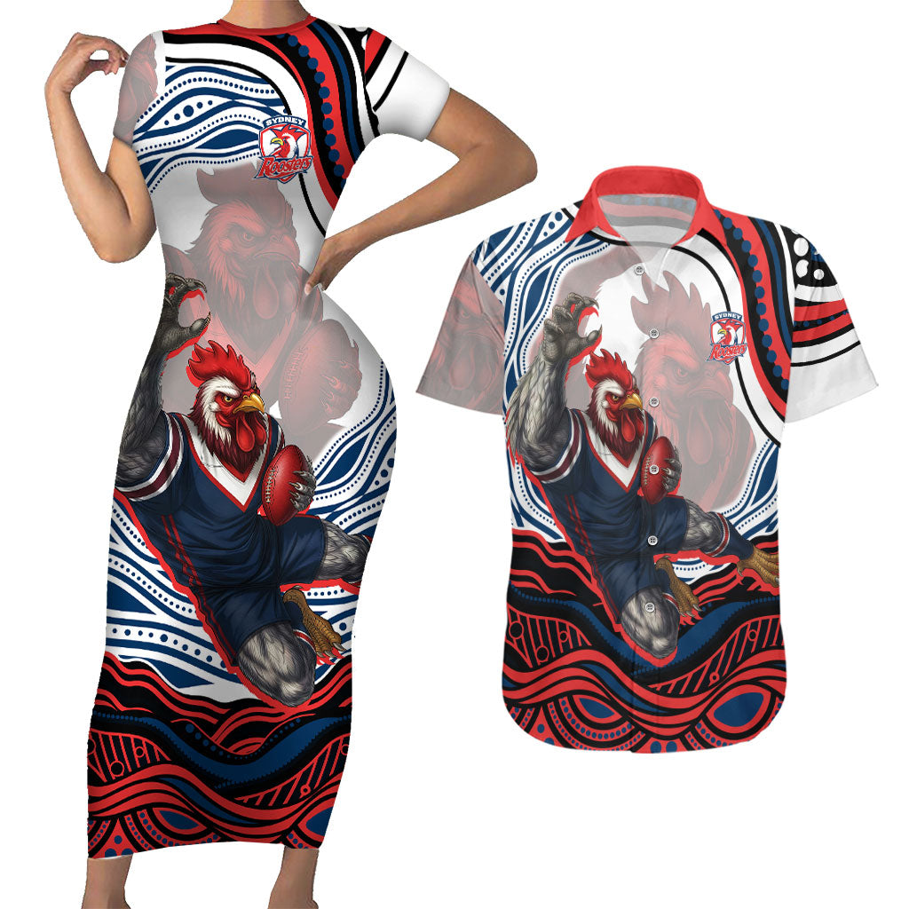 Personalized Sydney Roosters Couples Matching Short Sleeve Bodycon Dress and Hawaiian Shirt Aboriginal Dot Art - Dreamtime Rugby Mascot