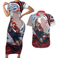 Personalized Sydney Roosters Couples Matching Short Sleeve Bodycon Dress and Hawaiian Shirt Aboriginal Dot Art - Dreamtime Rugby Mascot