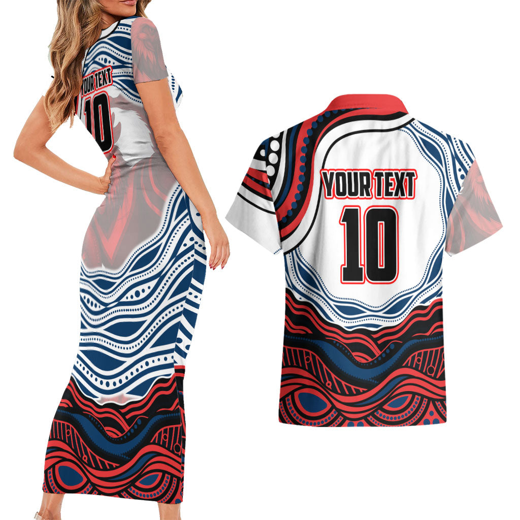 Personalized Sydney Roosters Couples Matching Short Sleeve Bodycon Dress and Hawaiian Shirt Aboriginal Dot Art - Dreamtime Rugby Mascot