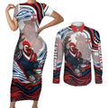 Personalized Sydney Roosters Couples Matching Short Sleeve Bodycon Dress and Long Sleeve Button Shirt Aboriginal Dot Art - Dreamtime Rugby Mascot