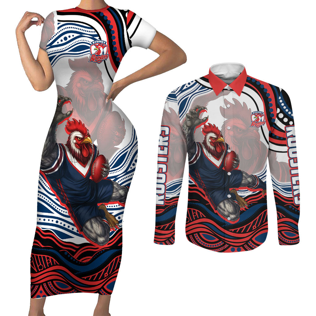 Personalized Sydney Roosters Couples Matching Short Sleeve Bodycon Dress and Long Sleeve Button Shirt Aboriginal Dot Art - Dreamtime Rugby Mascot