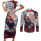 Personalized Sydney Roosters Couples Matching Short Sleeve Bodycon Dress and Long Sleeve Button Shirt Aboriginal Dot Art - Dreamtime Rugby Mascot