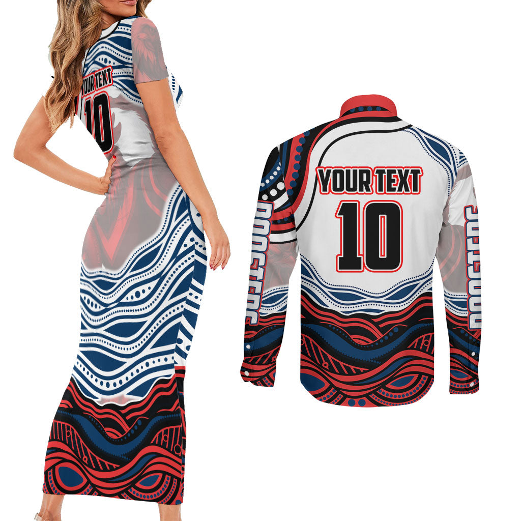 Personalized Sydney Roosters Couples Matching Short Sleeve Bodycon Dress and Long Sleeve Button Shirt Aboriginal Dot Art - Dreamtime Rugby Mascot