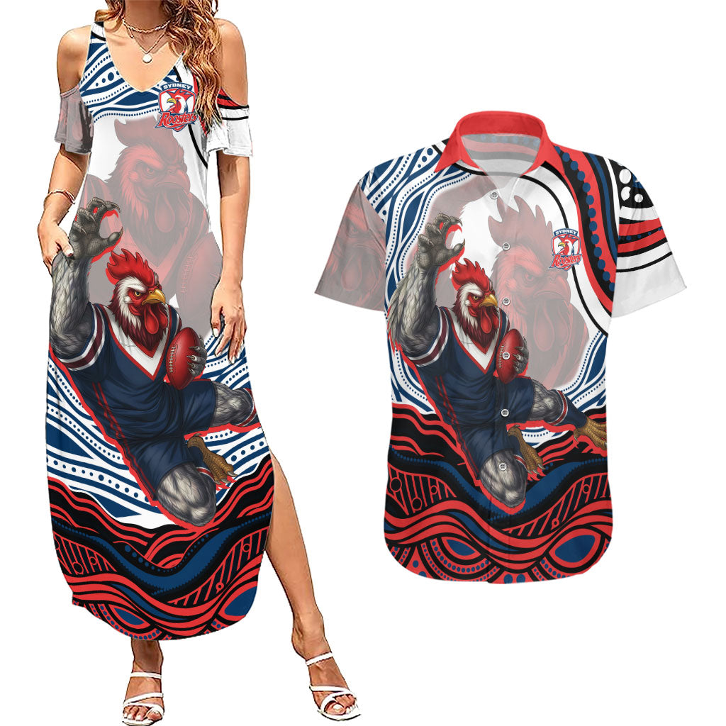 Personalized Sydney Roosters Couples Matching Summer Maxi Dress and Hawaiian Shirt Aboriginal Dot Art - Dreamtime Rugby Mascot