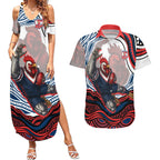 Personalized Sydney Roosters Couples Matching Summer Maxi Dress and Hawaiian Shirt Aboriginal Dot Art - Dreamtime Rugby Mascot
