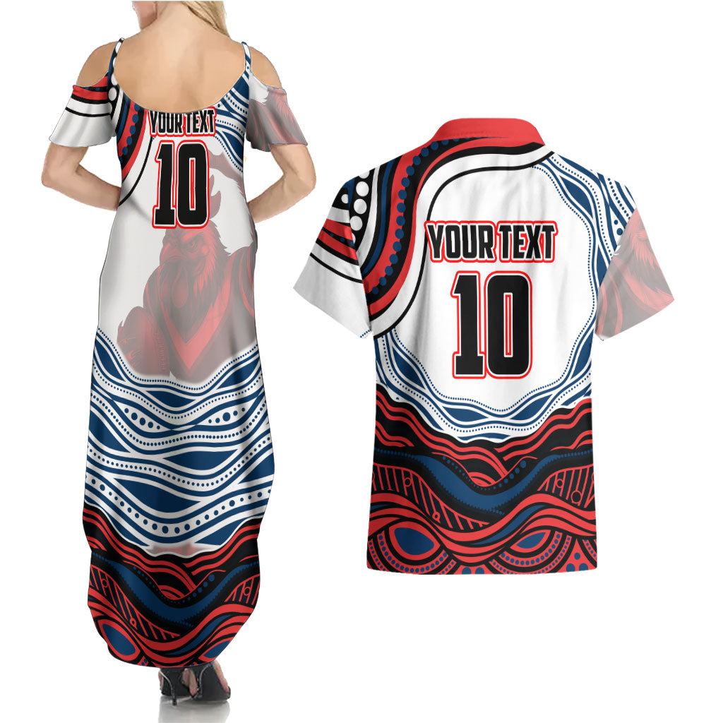 Personalized Sydney Roosters Couples Matching Summer Maxi Dress and Hawaiian Shirt Aboriginal Dot Art - Dreamtime Rugby Mascot