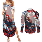 Personalized Sydney Roosters Couples Matching Summer Maxi Dress and Long Sleeve Button Shirt Aboriginal Dot Art - Dreamtime Rugby Mascot