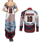 Personalized Sydney Roosters Couples Matching Summer Maxi Dress and Long Sleeve Button Shirt Aboriginal Dot Art - Dreamtime Rugby Mascot