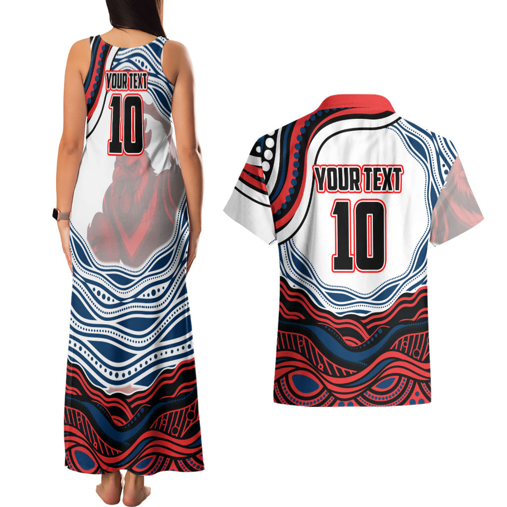 Personalized Sydney Roosters Couples Matching Tank Maxi Dress and Hawaiian Shirt Aboriginal Dot Art - Dreamtime Rugby Mascot