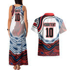 Personalized Sydney Roosters Couples Matching Tank Maxi Dress and Hawaiian Shirt Aboriginal Dot Art - Dreamtime Rugby Mascot