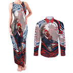 Personalized Sydney Roosters Couples Matching Tank Maxi Dress and Long Sleeve Button Shirt Aboriginal Dot Art - Dreamtime Rugby Mascot
