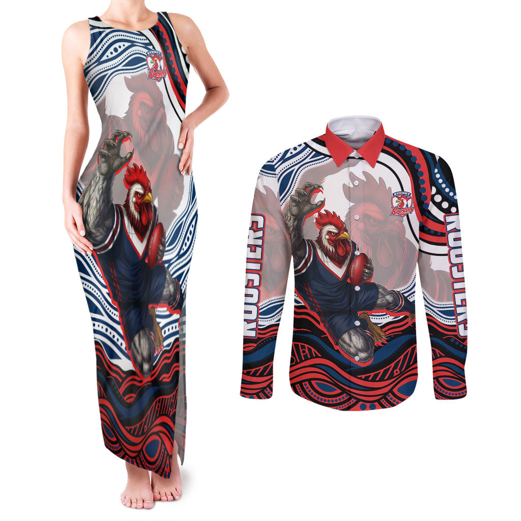 Personalized Sydney Roosters Couples Matching Tank Maxi Dress and Long Sleeve Button Shirt Aboriginal Dot Art - Dreamtime Rugby Mascot