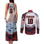 Personalized Sydney Roosters Couples Matching Tank Maxi Dress and Long Sleeve Button Shirt Aboriginal Dot Art - Dreamtime Rugby Mascot