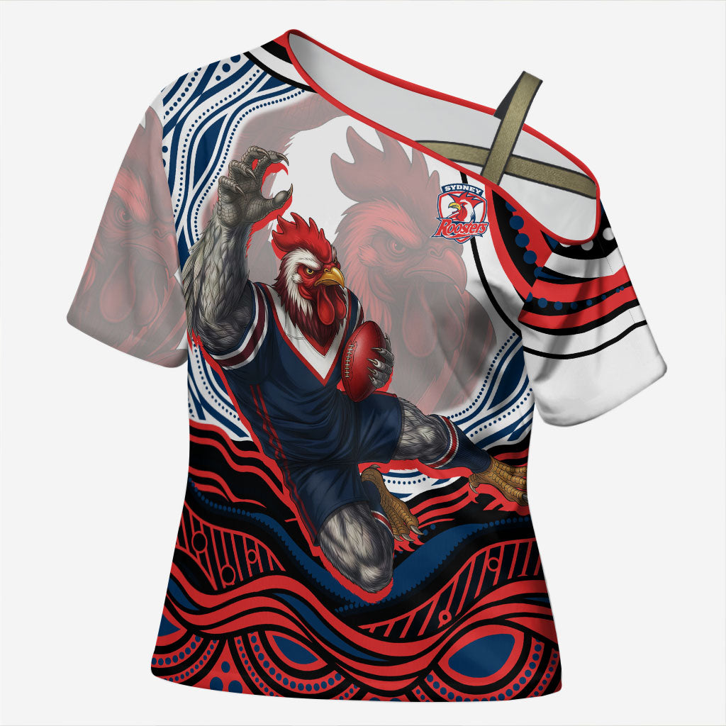 Personalized Sydney Roosters Cross Shoulder Shirt Aboriginal Dot Art - Dreamtime Rugby Mascot