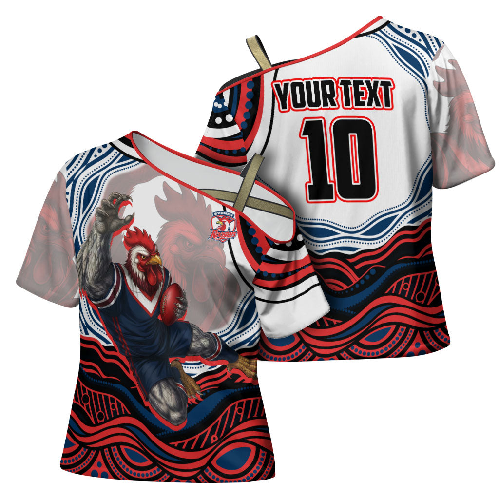 Personalized Sydney Roosters Cross Shoulder Shirt Aboriginal Dot Art - Dreamtime Rugby Mascot