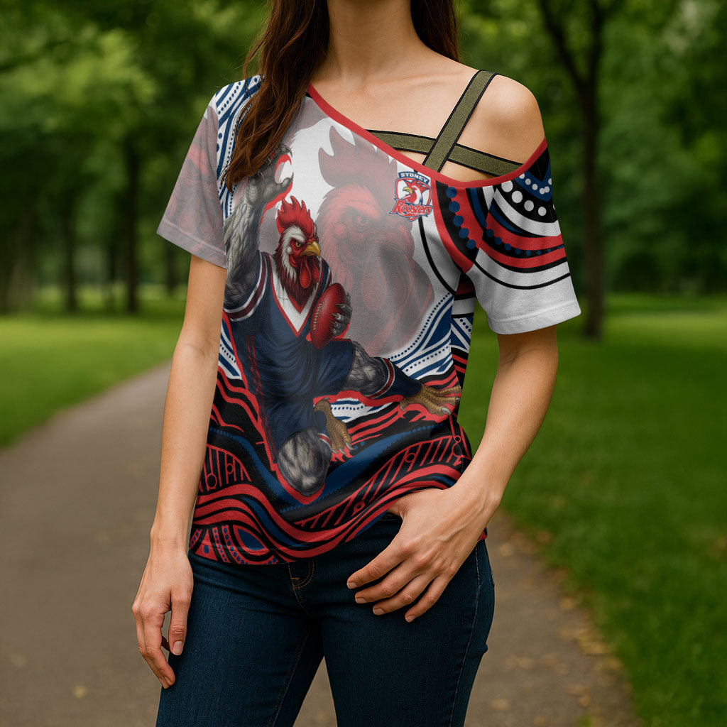Personalized Sydney Roosters Cross Shoulder Shirt Aboriginal Dot Art - Dreamtime Rugby Mascot