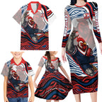 Personalized Sydney Roosters Family Matching Long Sleeve Bodycon Dress and Hawaiian Shirt Aboriginal Dot Art - Dreamtime Rugby Mascot