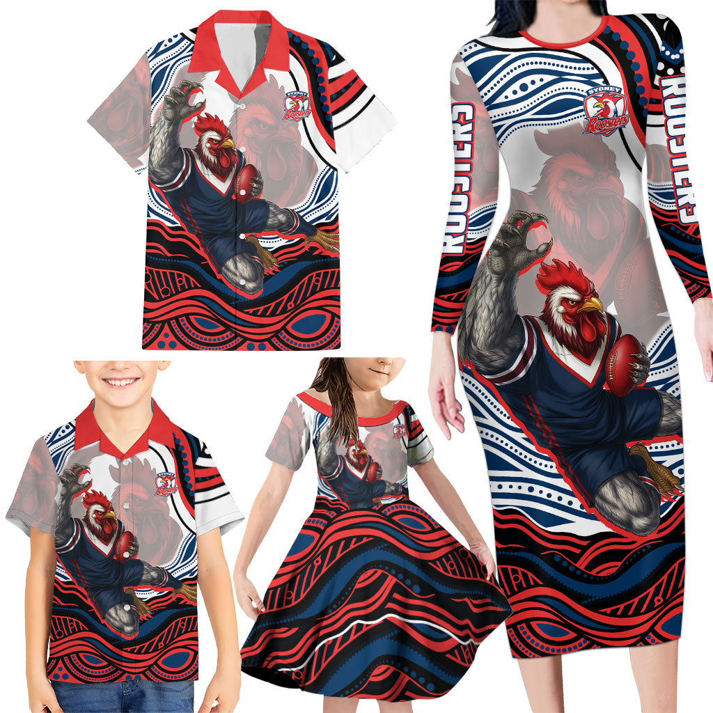 Personalized Sydney Roosters Family Matching Long Sleeve Bodycon Dress and Hawaiian Shirt Aboriginal Dot Art - Dreamtime Rugby Mascot