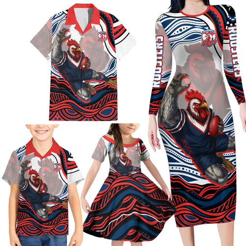 Personalized Sydney Roosters Family Matching Long Sleeve Bodycon Dress and Hawaiian Shirt Aboriginal Dot Art - Dreamtime Rugby Mascot