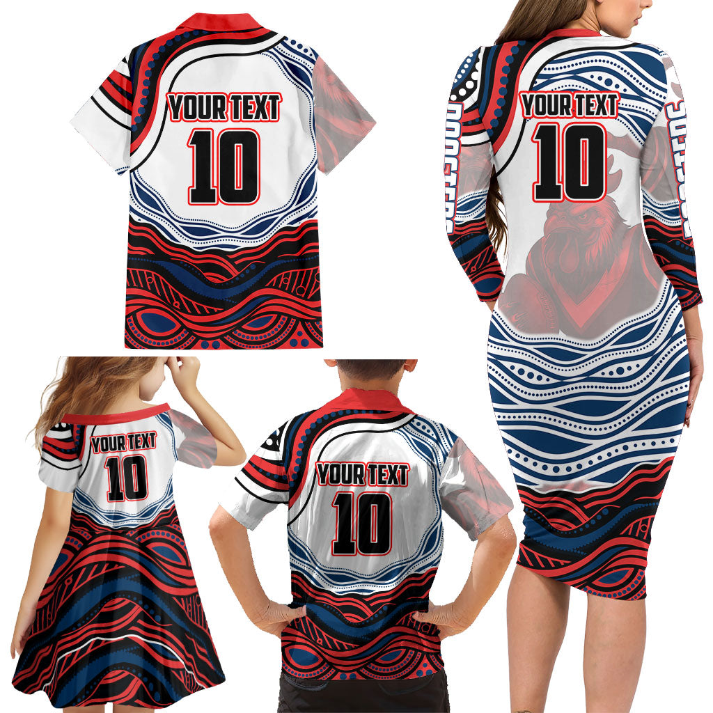 Personalized Sydney Roosters Family Matching Long Sleeve Bodycon Dress and Hawaiian Shirt Aboriginal Dot Art - Dreamtime Rugby Mascot