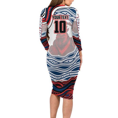 Personalized Sydney Roosters Family Matching Long Sleeve Bodycon Dress and Hawaiian Shirt Aboriginal Dot Art - Dreamtime Rugby Mascot