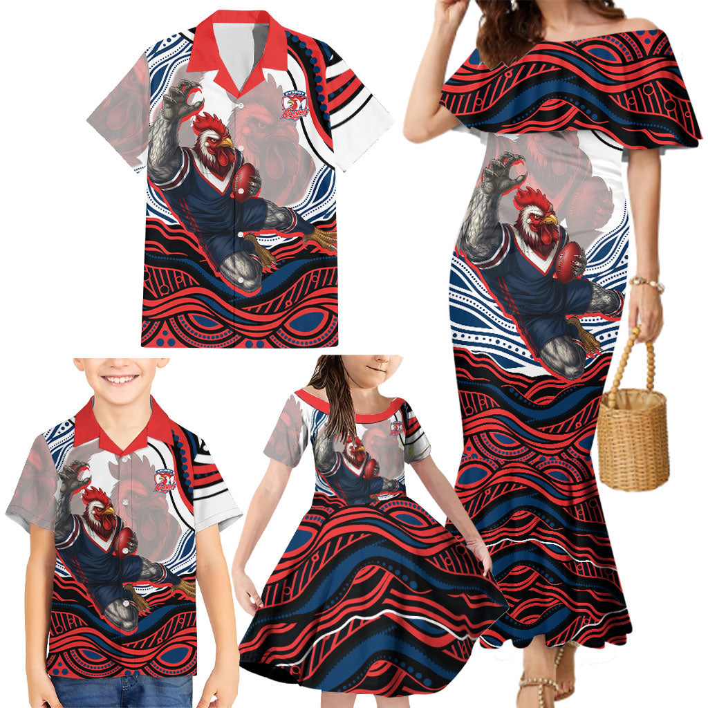 Personalized Sydney Roosters Family Matching Mermaid Dress and Hawaiian Shirt Aboriginal Dot Art - Dreamtime Rugby Mascot
