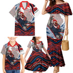 Personalized Sydney Roosters Family Matching Mermaid Dress and Hawaiian Shirt Aboriginal Dot Art - Dreamtime Rugby Mascot
