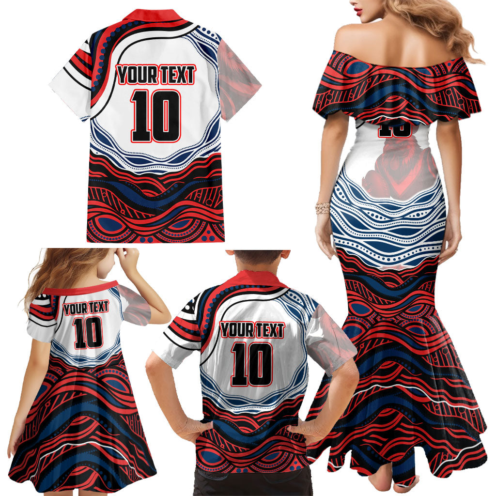 Personalized Sydney Roosters Family Matching Mermaid Dress and Hawaiian Shirt Aboriginal Dot Art - Dreamtime Rugby Mascot