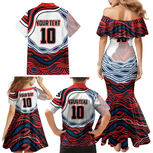 Personalized Sydney Roosters Family Matching Mermaid Dress and Hawaiian Shirt Aboriginal Dot Art - Dreamtime Rugby Mascot