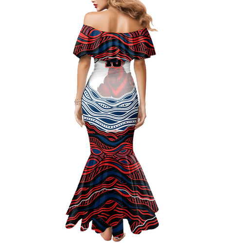 Personalized Sydney Roosters Family Matching Mermaid Dress and Hawaiian Shirt Aboriginal Dot Art - Dreamtime Rugby Mascot