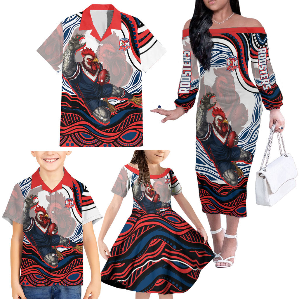 Personalized Sydney Roosters Family Matching Off The Shoulder Long Sleeve Dress and Hawaiian Shirt Aboriginal Dot Art - Dreamtime Rugby Mascot