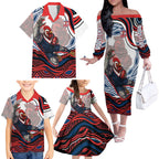 Personalized Sydney Roosters Family Matching Off The Shoulder Long Sleeve Dress and Hawaiian Shirt Aboriginal Dot Art - Dreamtime Rugby Mascot