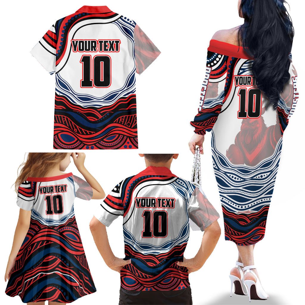 Personalized Sydney Roosters Family Matching Off The Shoulder Long Sleeve Dress and Hawaiian Shirt Aboriginal Dot Art - Dreamtime Rugby Mascot