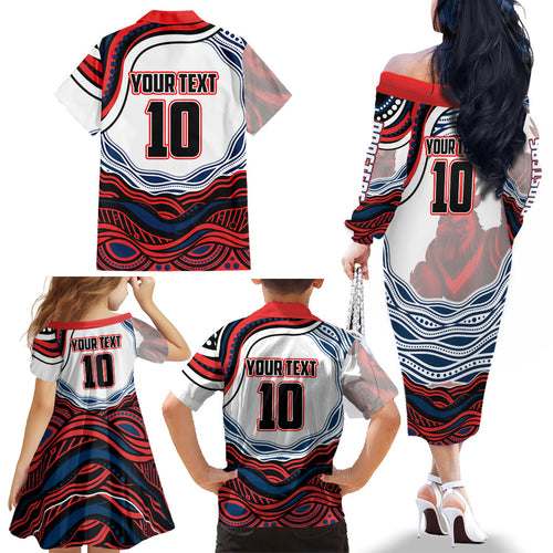Personalized Sydney Roosters Family Matching Off The Shoulder Long Sleeve Dress and Hawaiian Shirt Aboriginal Dot Art - Dreamtime Rugby Mascot
